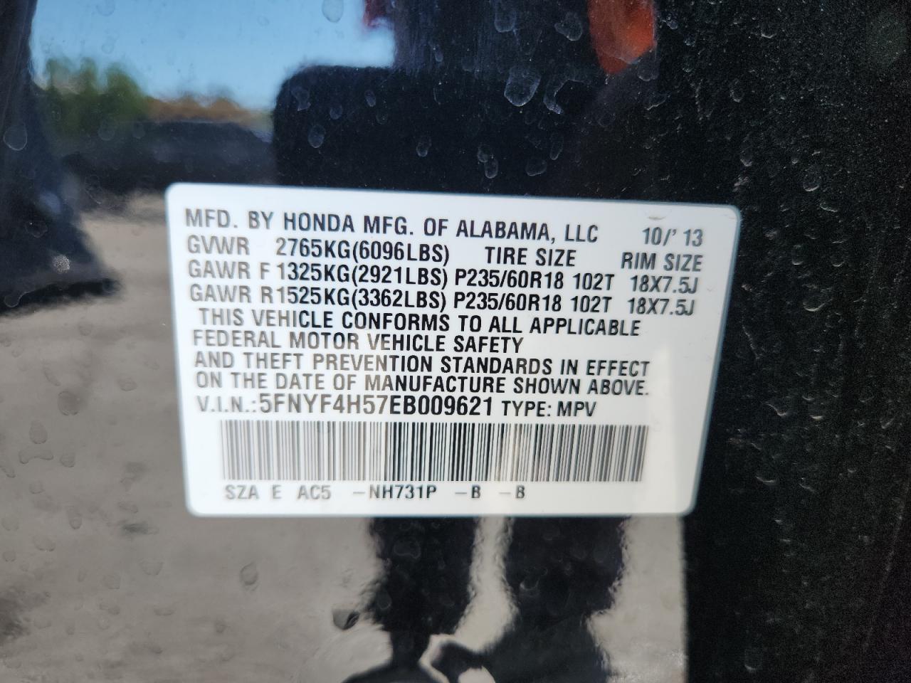 2014 Honda Pilot Exl VIN: 5FNYF4H57EB009621 Lot: 70895625