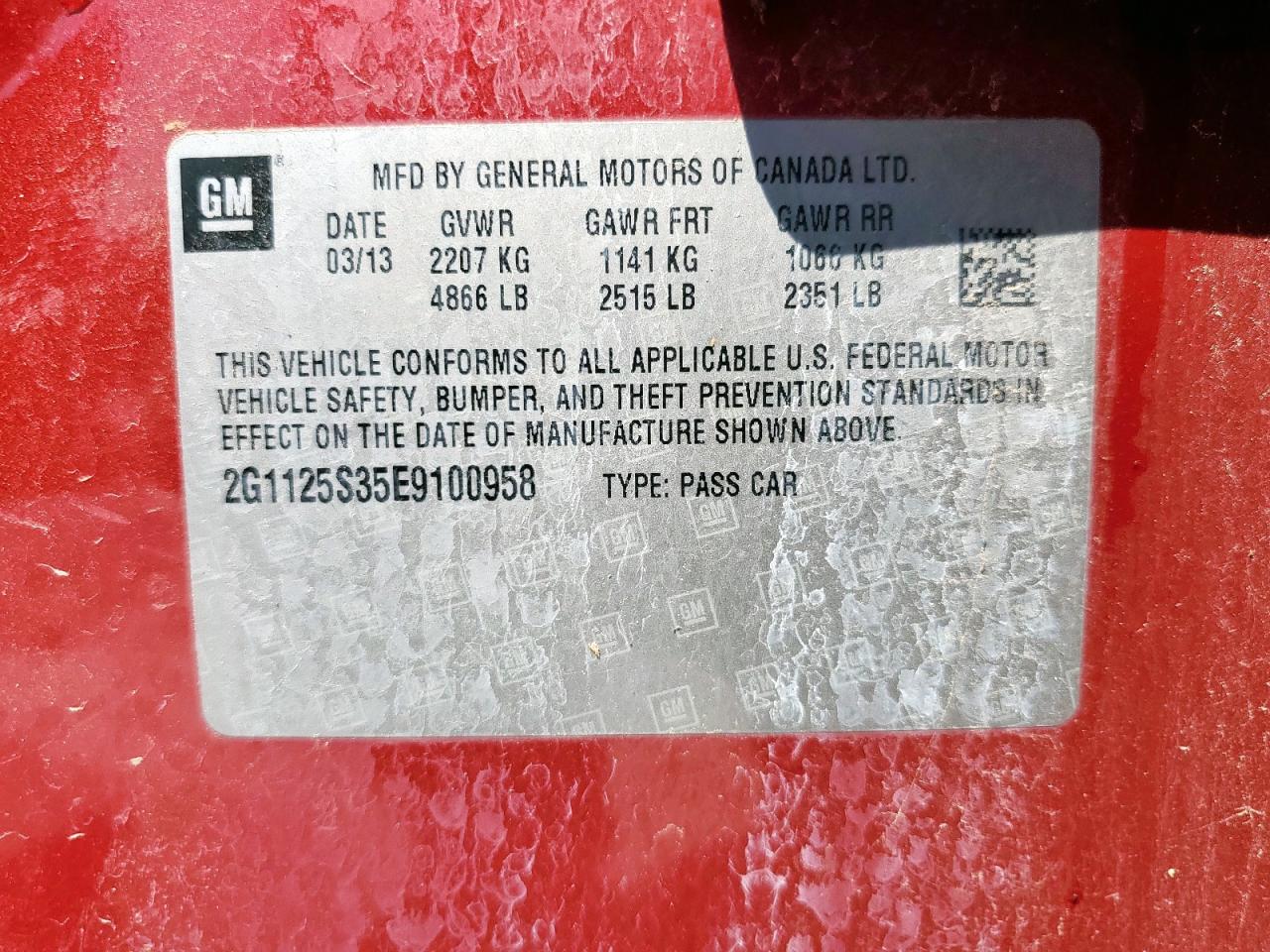 2014 Chevrolet Impala Lt VIN: 2G1125S35E9100958 Lot: 68107225