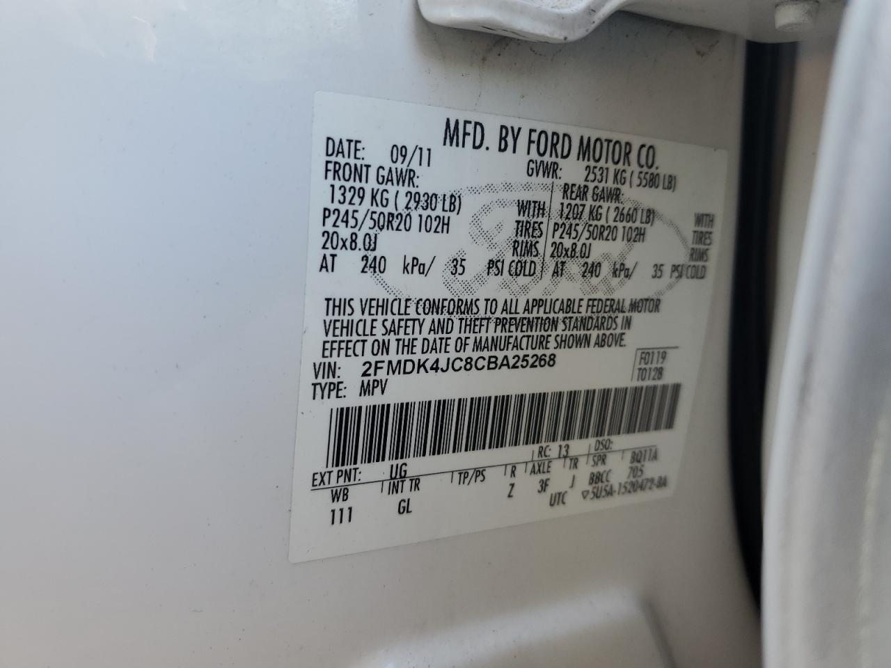 2012 Ford Edge Sel VIN: 2FMDK4JC8CBA25268 Lot: 68949605