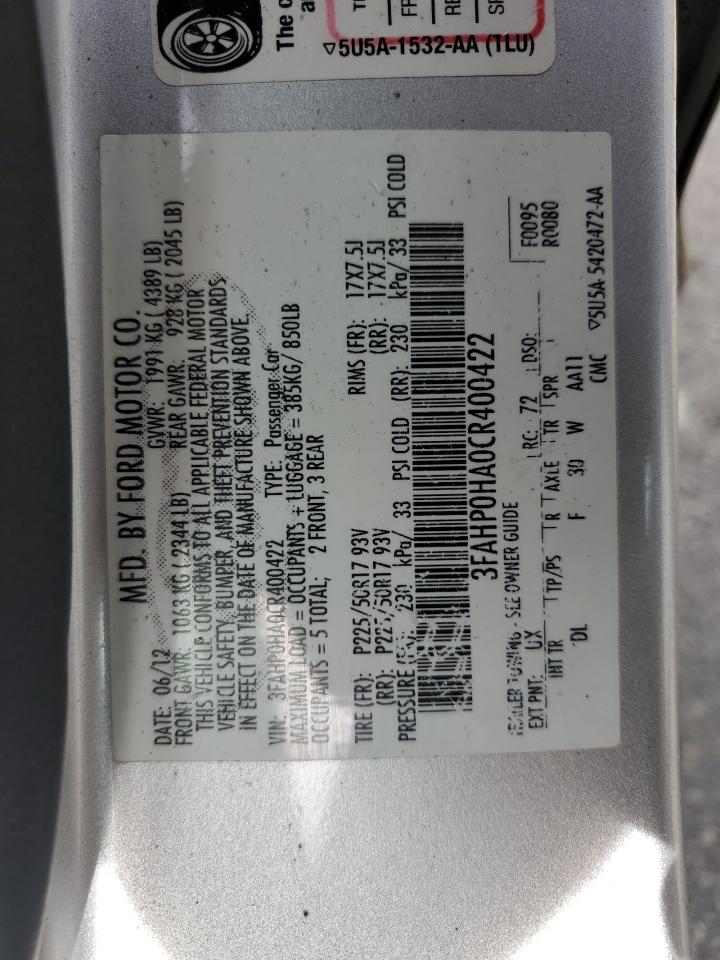 2012 Ford Fusion Se VIN: 3FAHP0HA0CR400422 Lot: 68209315