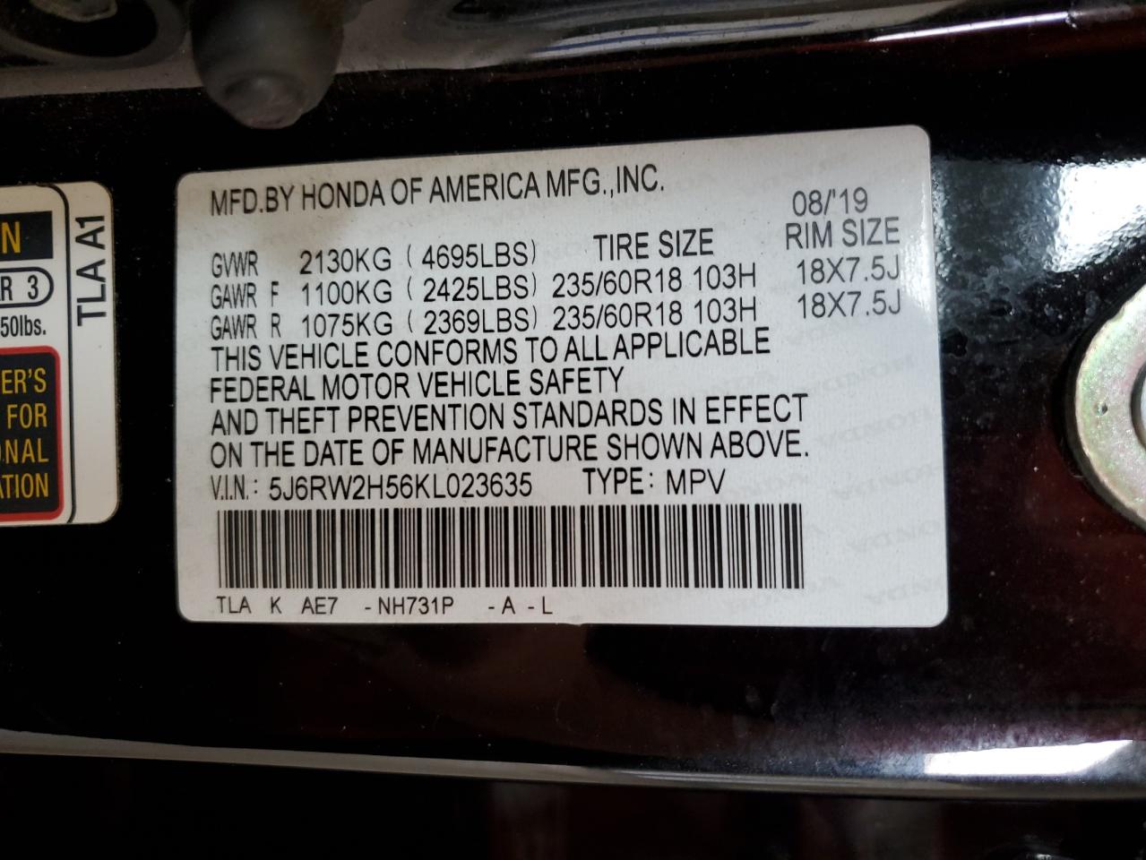 2019 Honda Cr-V Ex VIN: 5J6RW2H56KL023635 Lot: 65613215