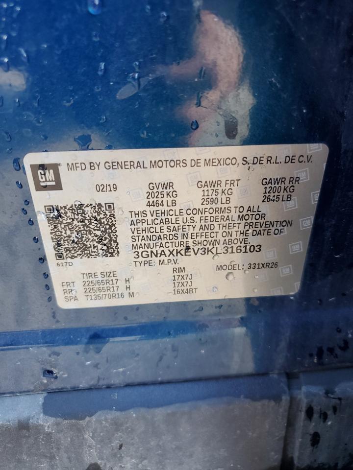 2019 Chevrolet Equinox Lt VIN: 3GNAXKEV3KL316103 Lot: 70015345