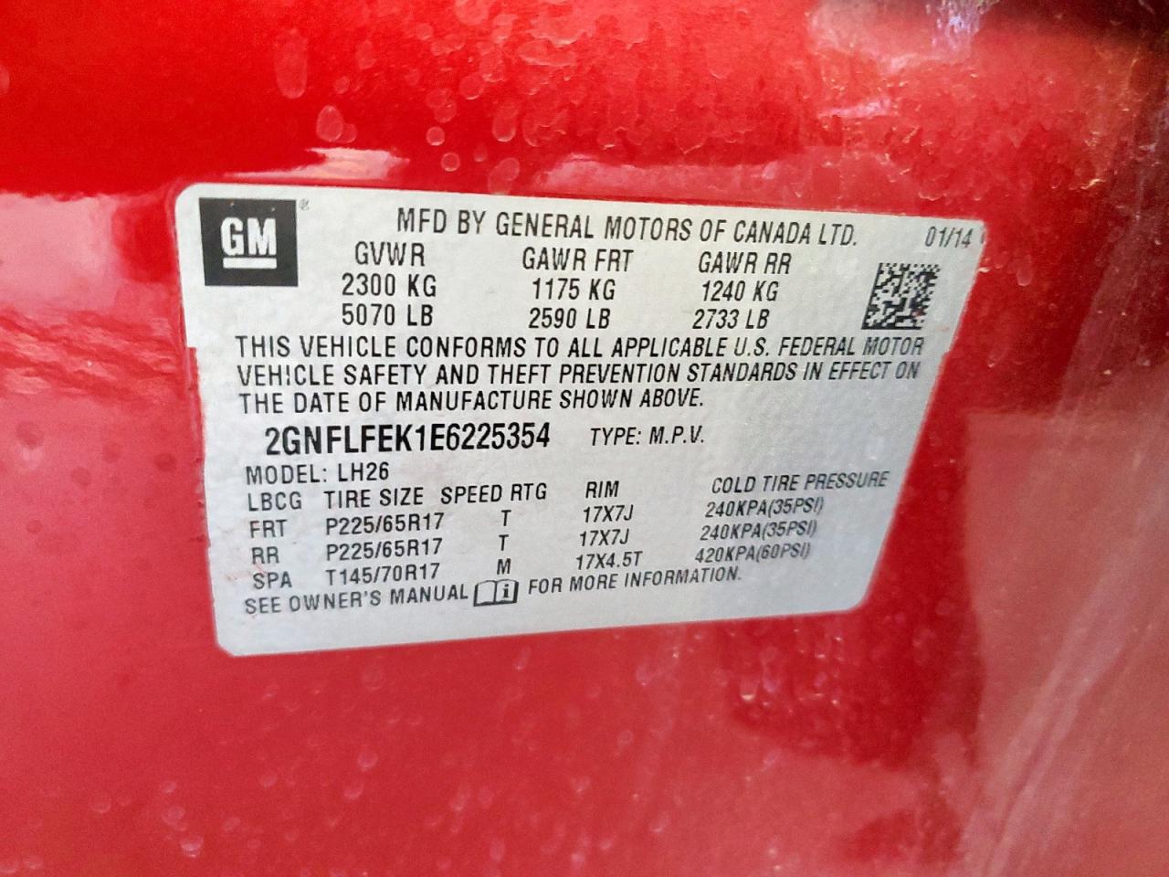 2014 Chevrolet Equinox Lt VIN: 2GNFLFEK1E6225354 Lot: 69114605