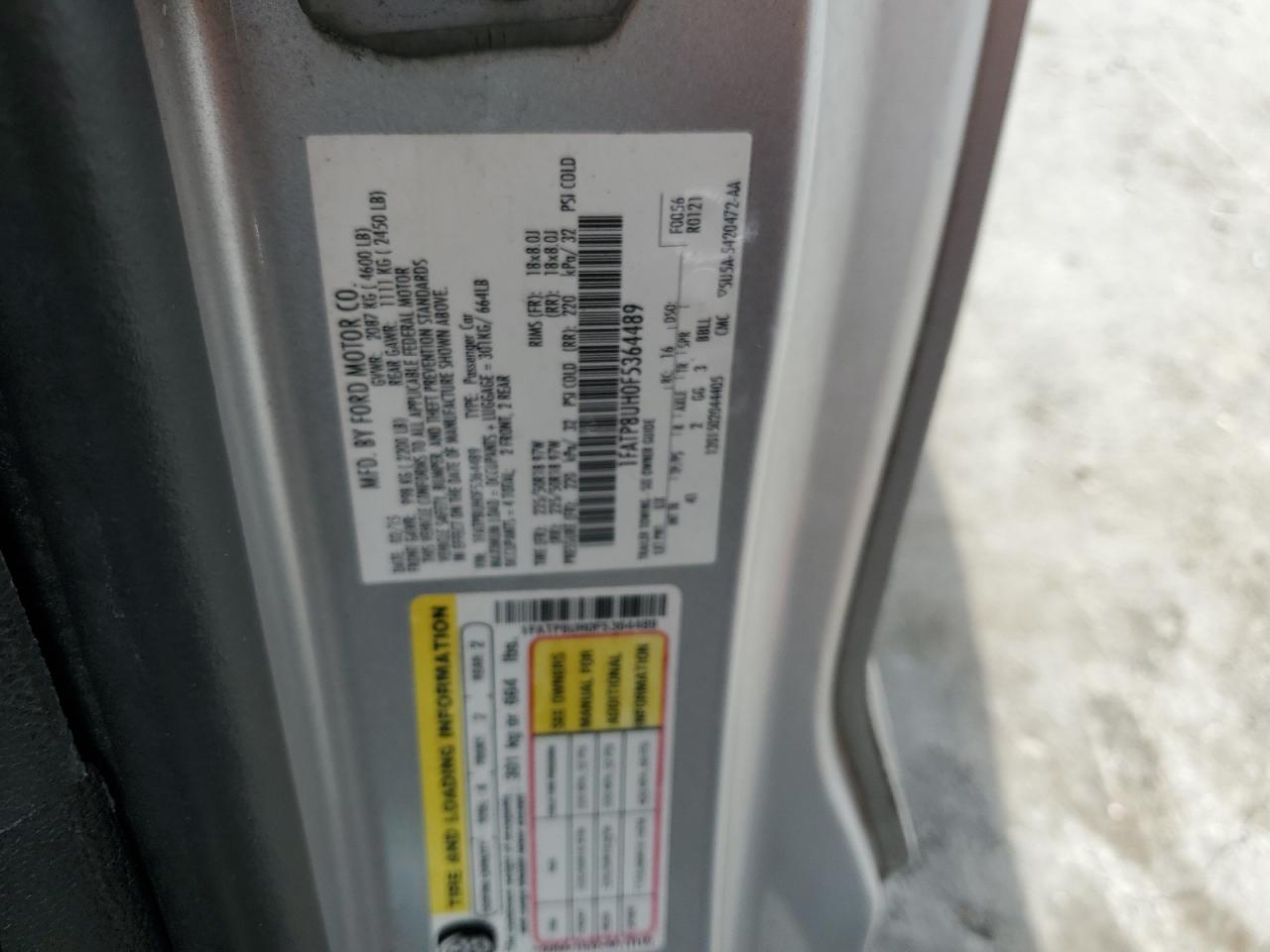 2015 Ford Mustang VIN: 1FATP8UH0F5364489 Lot: 67823665
