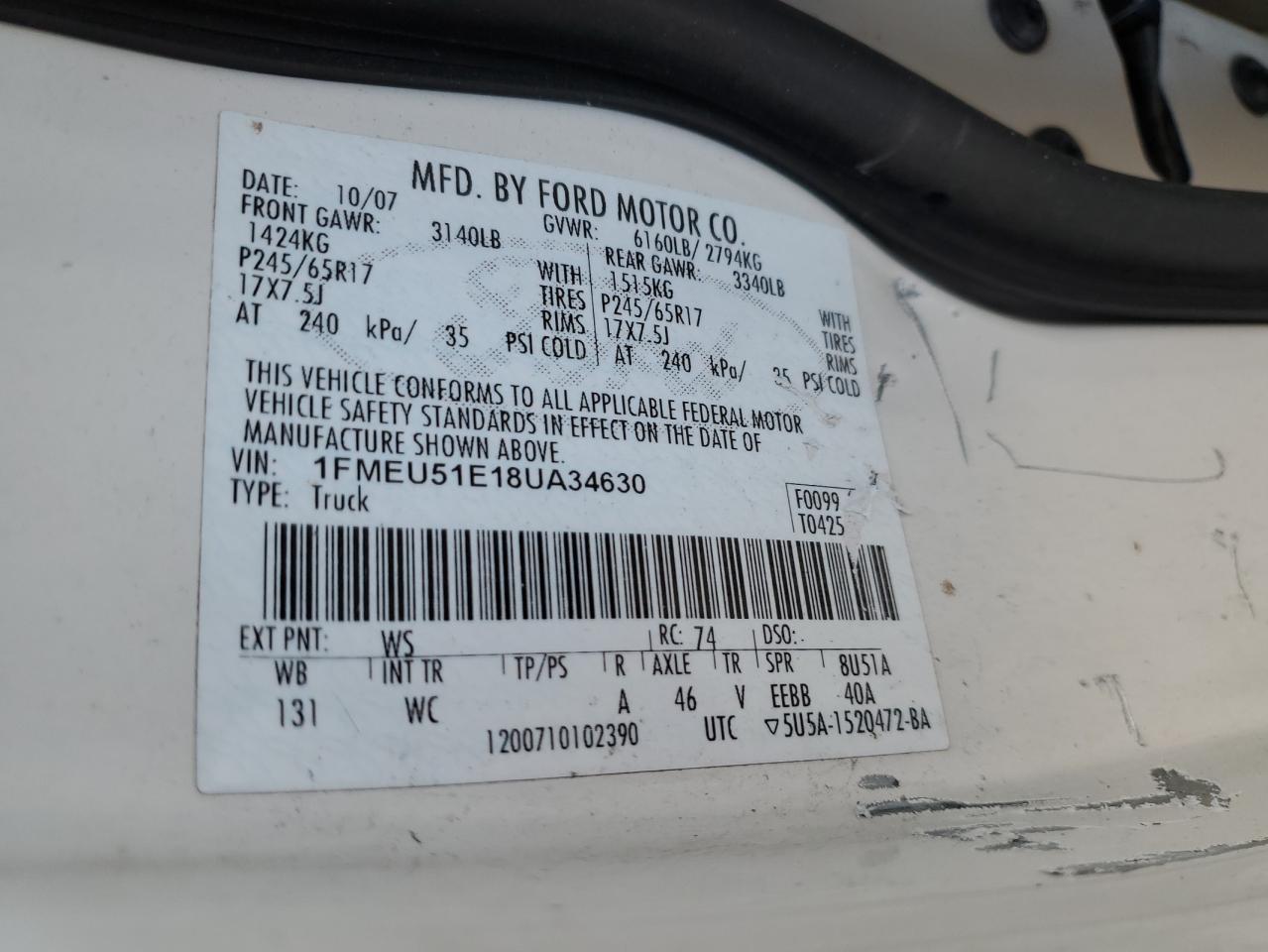 2008 Ford Explorer Sport Trac Xlt VIN: 1FMEU51E18UA34630 Lot: 68201695