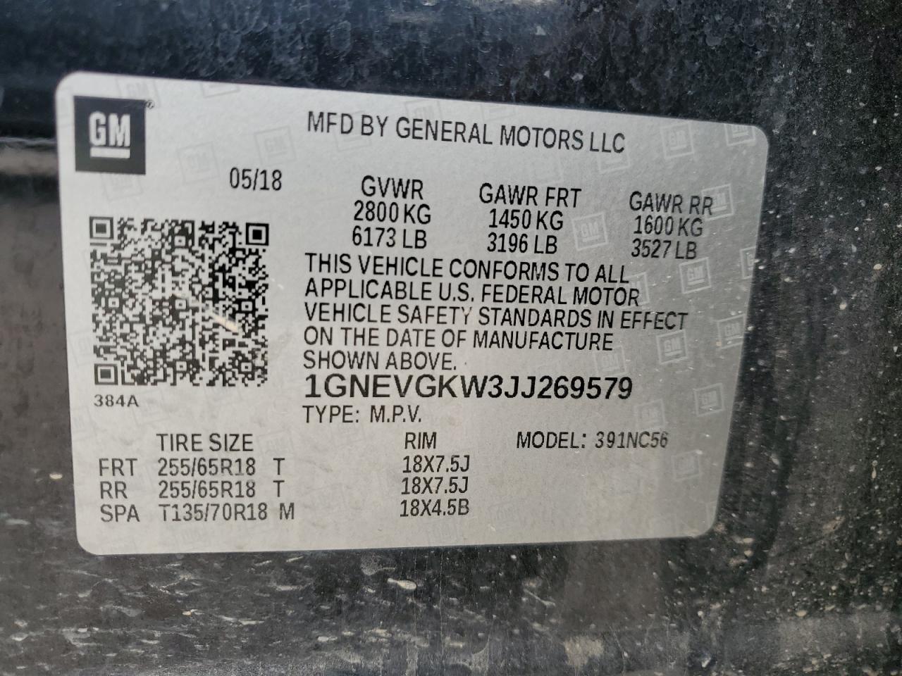 2018 Chevrolet Traverse Lt VIN: 1GNEVGKW3JJ269579 Lot: 70193735