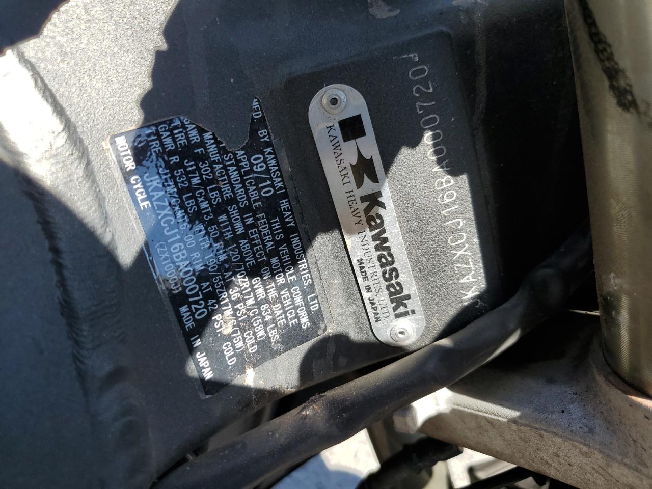 2011 Kawasaki Zx1000 J VIN: JKAZXCJ16BA000720 Lot: 69458945