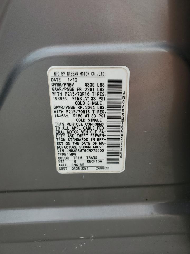 2012 Nissan Rogue S VIN: JN8AS5MT6CW279900 Lot: 69763365