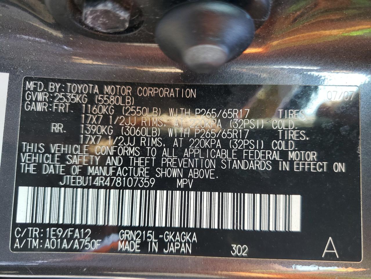 2007 Toyota 4Runner Sr5 VIN: JTEBU14R478107359 Lot: 67031145