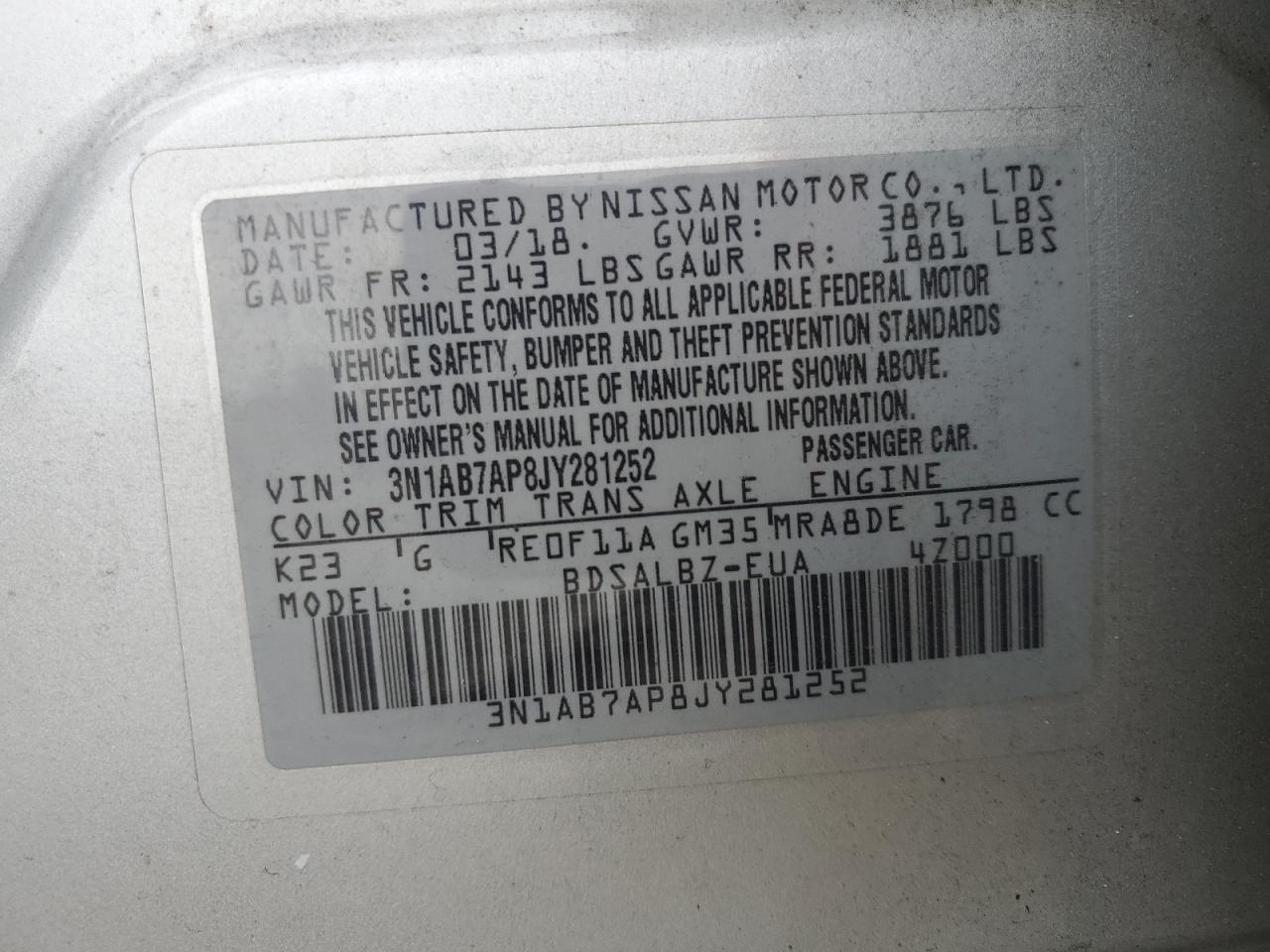 2018 Nissan Sentra S VIN: 3N1AB7AP8JY281252 Lot: 69328115