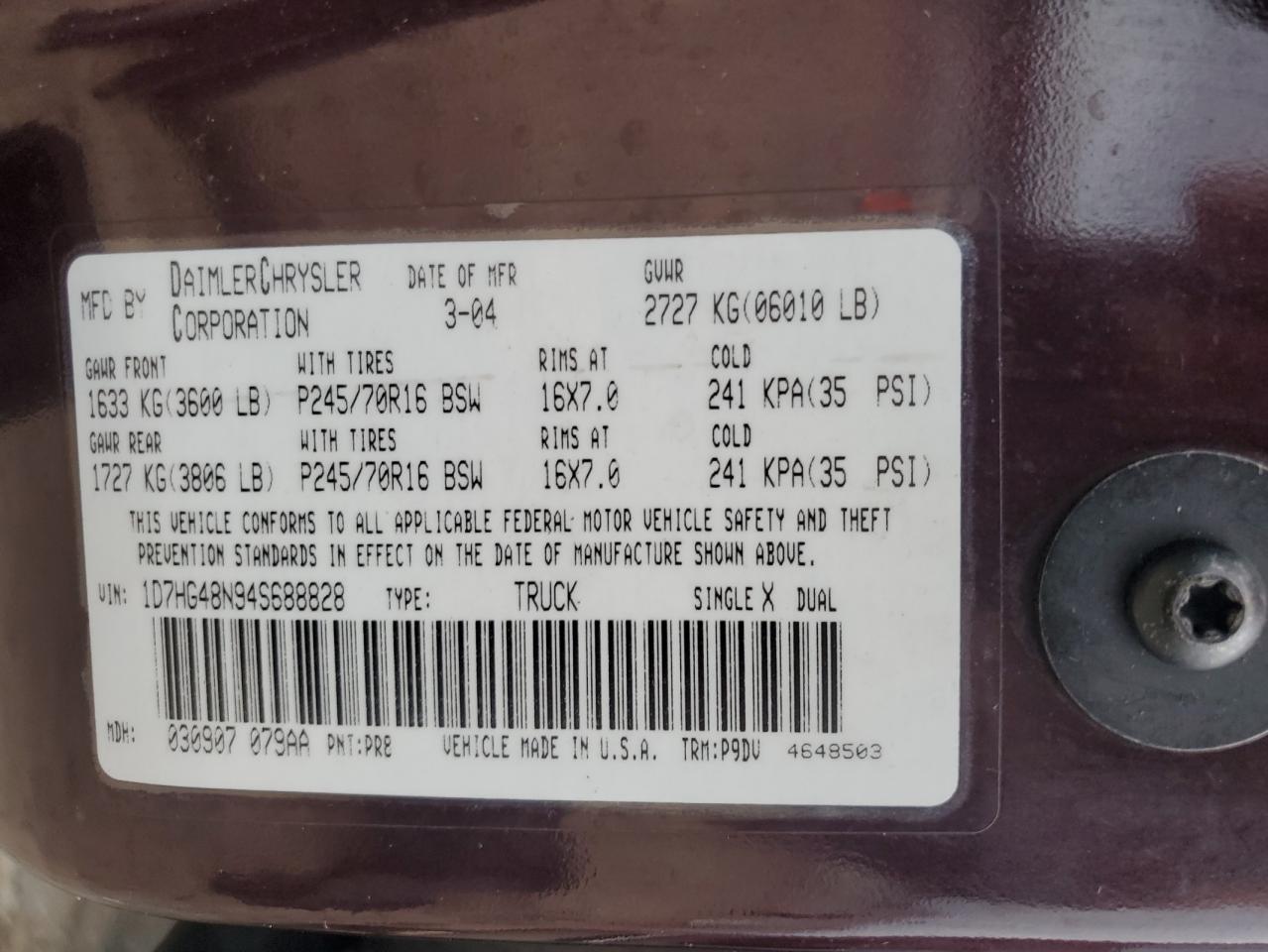 2004 Dodge Dakota Quad Slt VIN: 1D7HG48N94S688828 Lot: 69864515