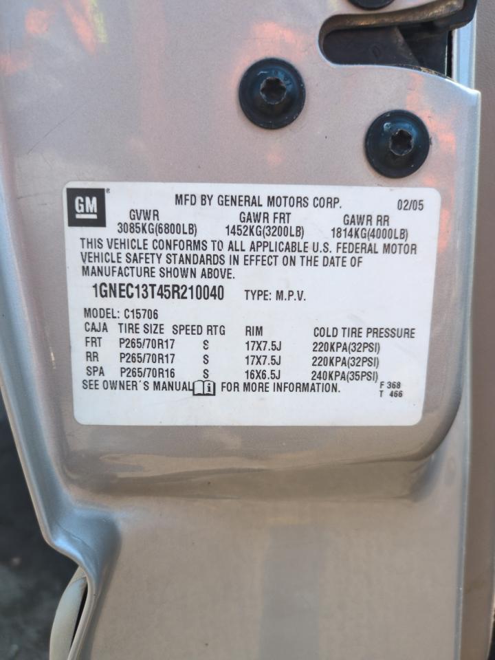 2005 Chevrolet Tahoe C1500 VIN: 1GNEC13T45R210040 Lot: 67684965