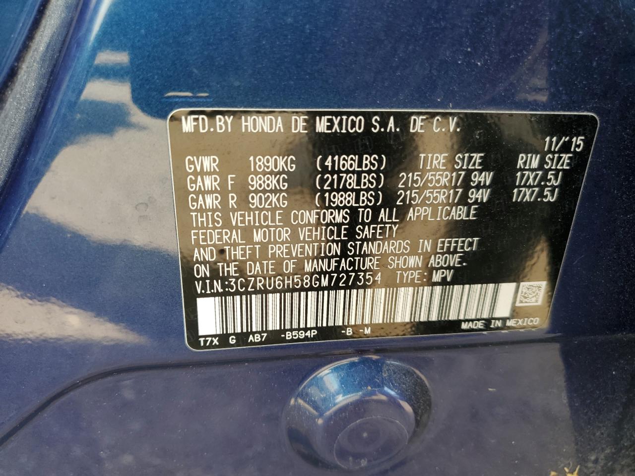 3CZRU6H58GM727354 2016 Honda Hr-V Ex