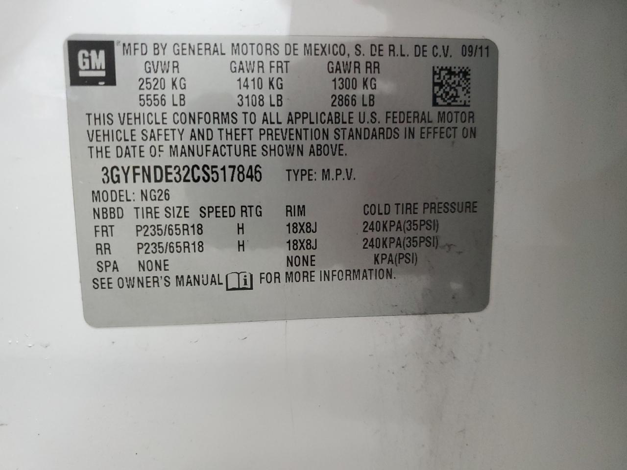 2012 Cadillac Srx Luxury Collection VIN: 3GYFNDE32CS517846 Lot: 68697025