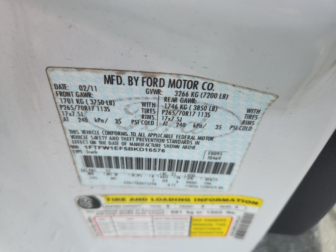 2011 Ford F150 Supercrew VIN: 1FTFW1EF5BKD16576 Lot: 68008165