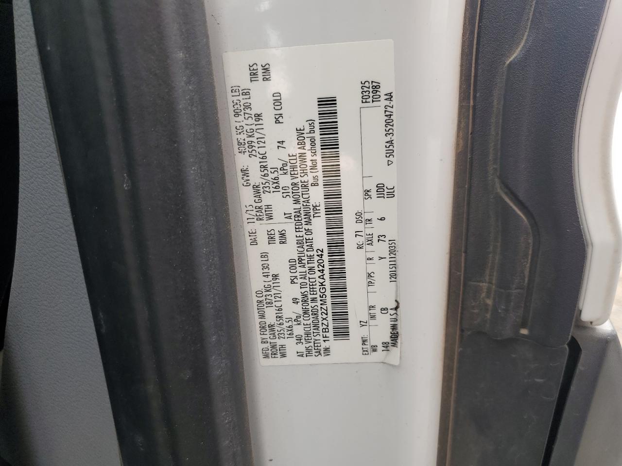 2016 Ford Transit T-350 VIN: 1FBZX2ZM5GKA42042 Lot: 70357595