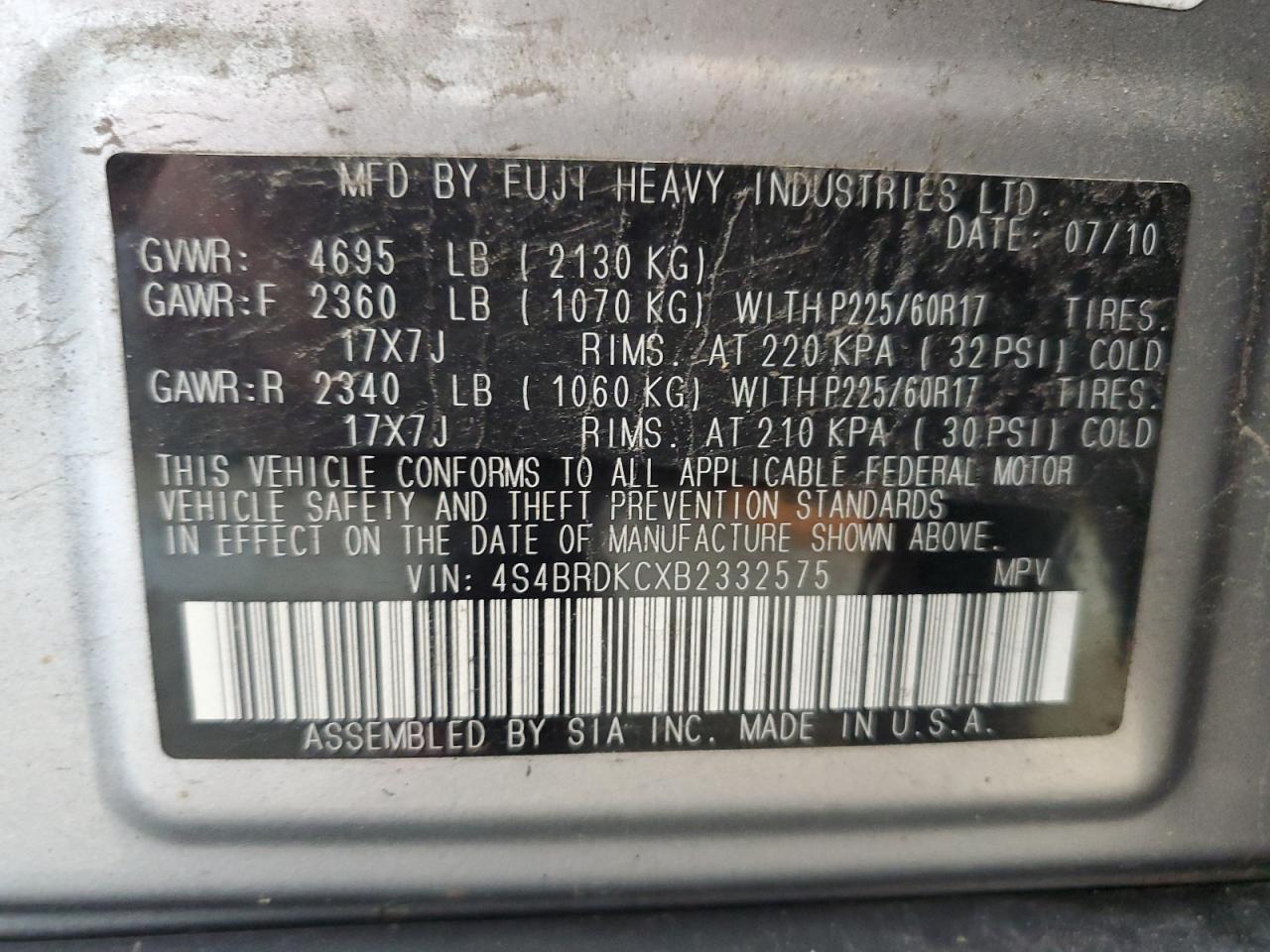 2011 Subaru Outback 3.6R Limited VIN: 4S4BRDKCXB2332575 Lot: 67126995