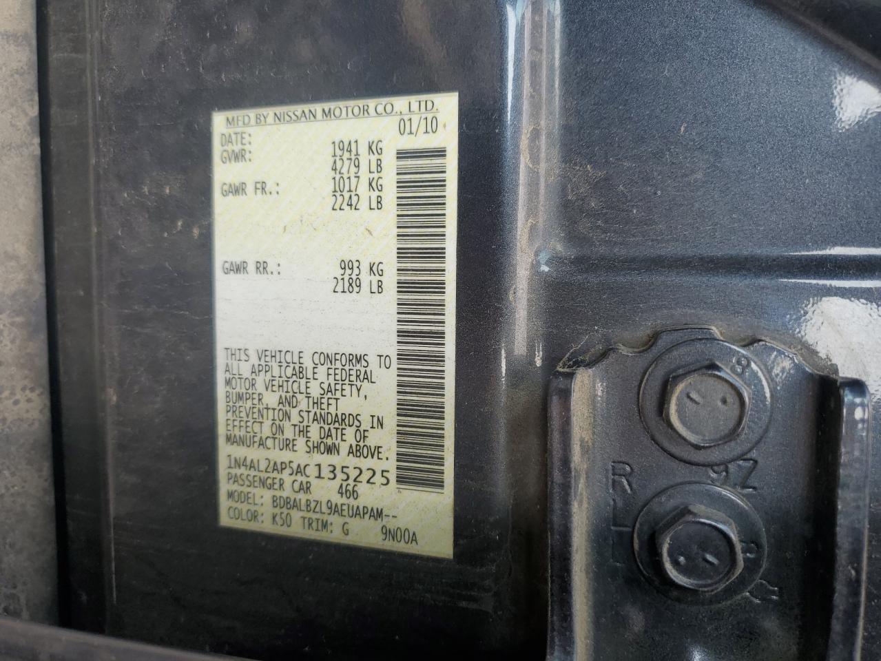 2010 Nissan Altima Base VIN: 1N4AL2AP5AC135225 Lot: 68724795