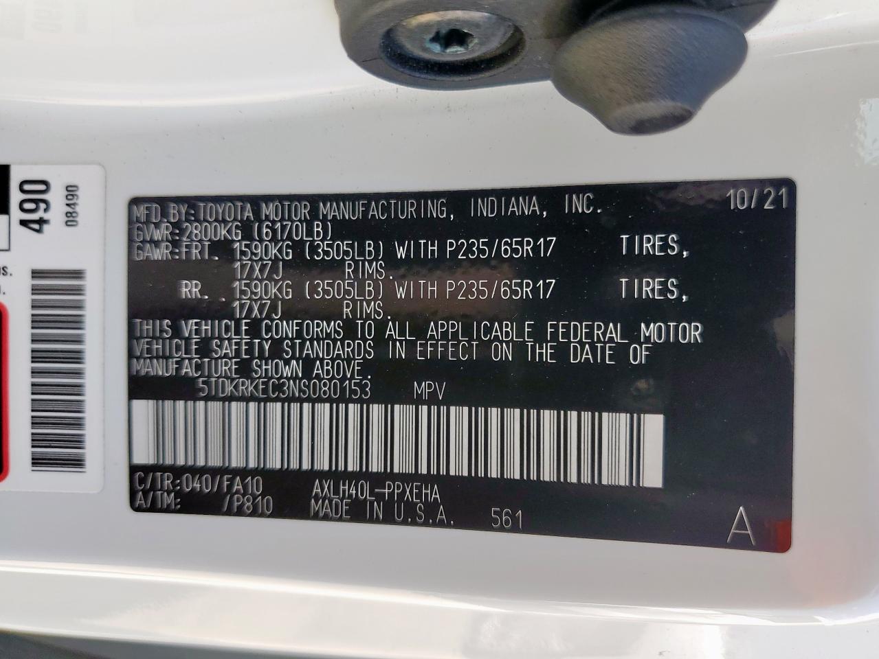 2022 Toyota Sienna Le VIN: 5TDKRKEC3NS080153 Lot: 81103085