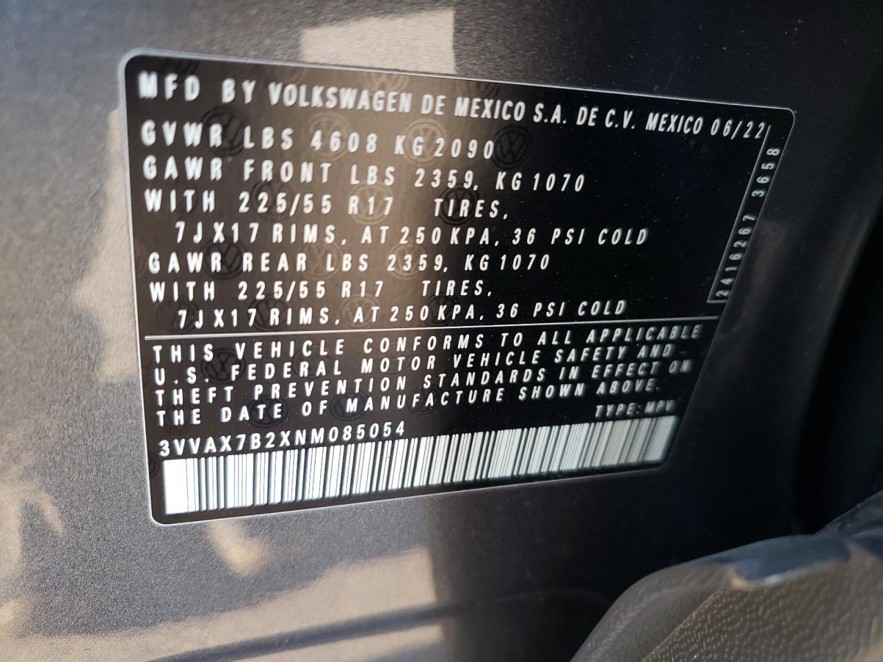 2022 Volkswagen Taos S VIN: 3VVAX7B2XNM085054 Lot: 70428075