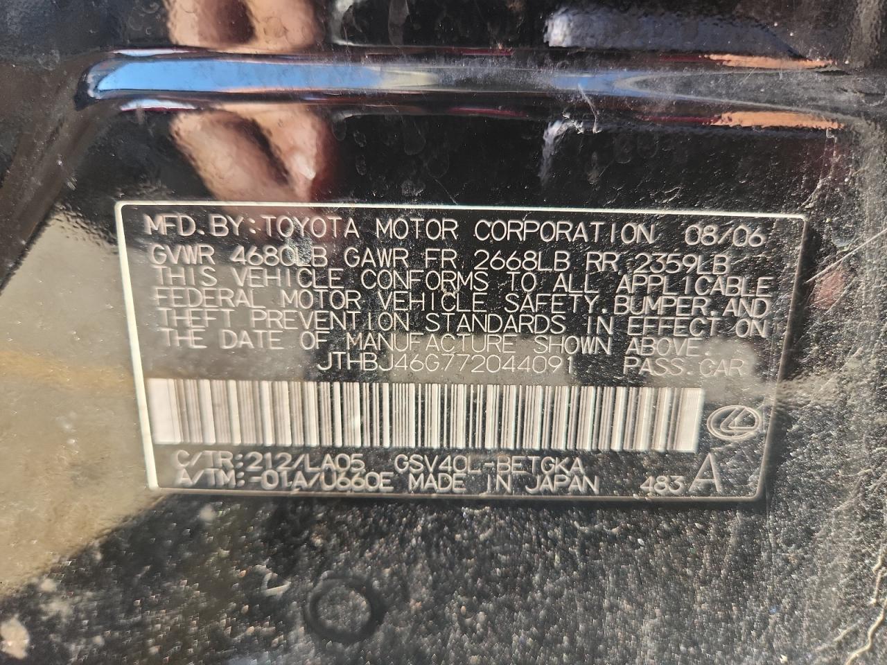 2007 Lexus Es 350 VIN: JTHBJ46G772044091 Lot: 66940465