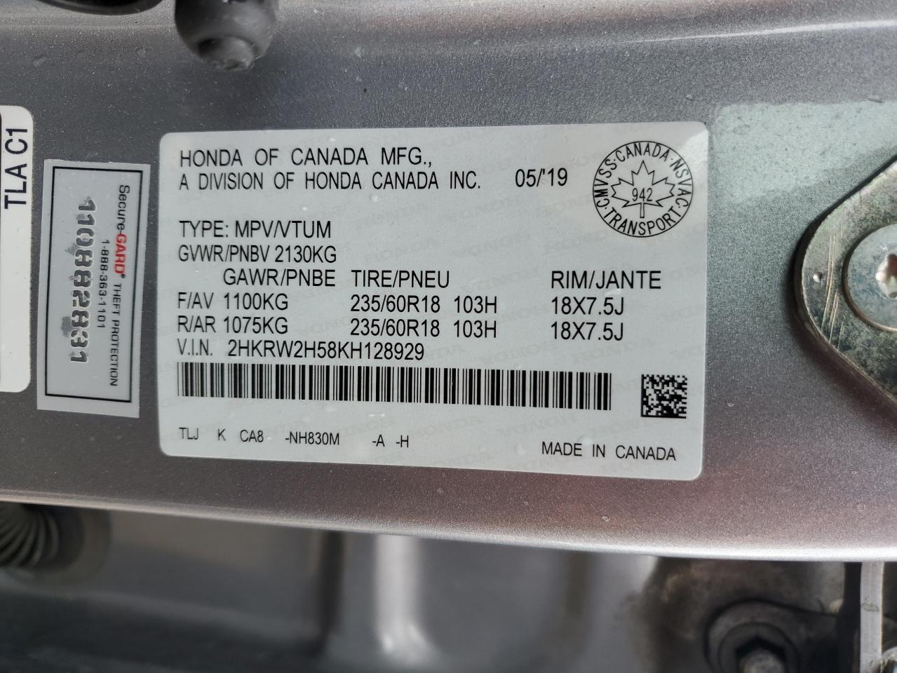 2019 Honda Cr-V Ex VIN: 2HKRW2H58KH128929 Lot: 70448895