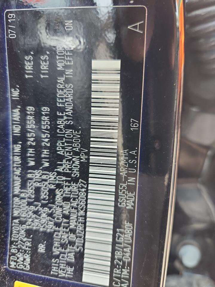 2019 Toyota Highlander Se VIN: 5TDJZRFH1KS608427 Lot: 67364575