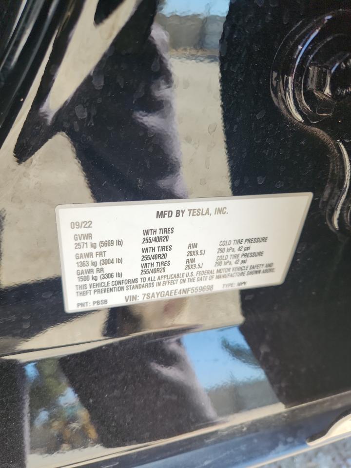 2022 Tesla Model Y VIN: 7SAYGAEE4NF559698 Lot: 69386405