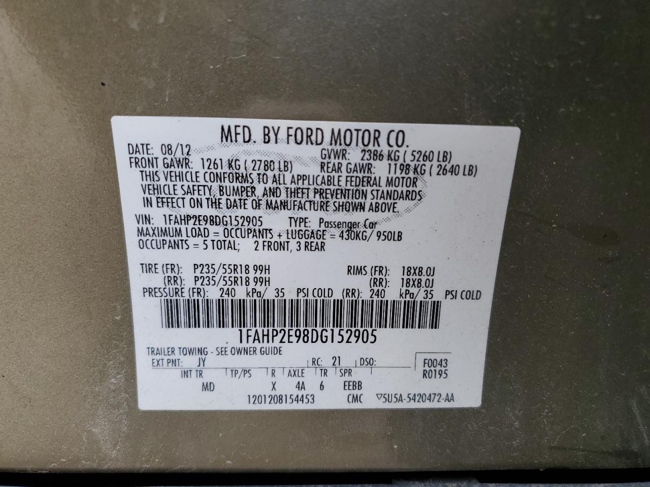 2013 Ford Taurus Sel VIN: 1FAHP2E98DG152905 Lot: 69692655