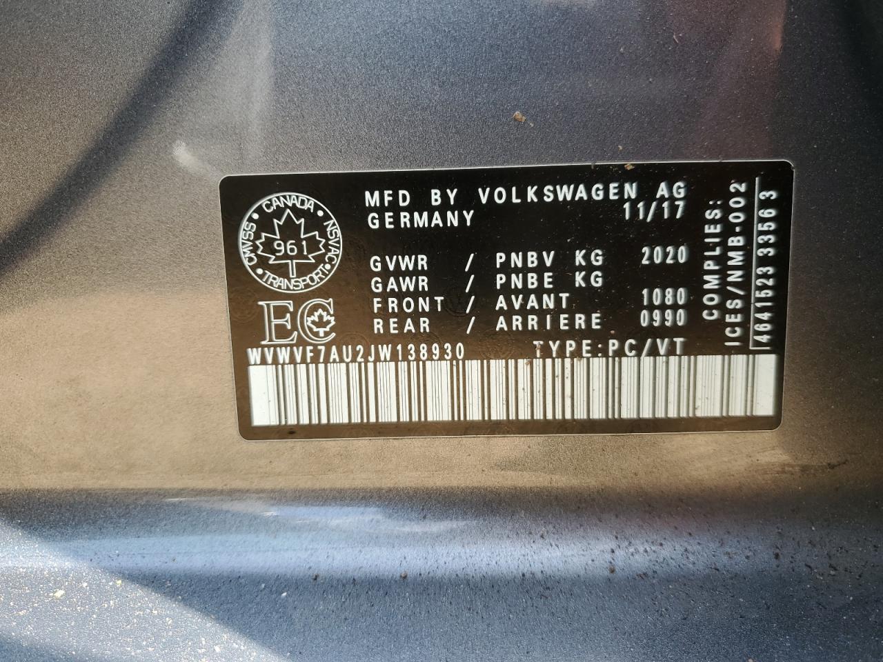 2018 Volkswagen Golf R VIN: WVWVF7AU2JW138930 Lot: 69423625