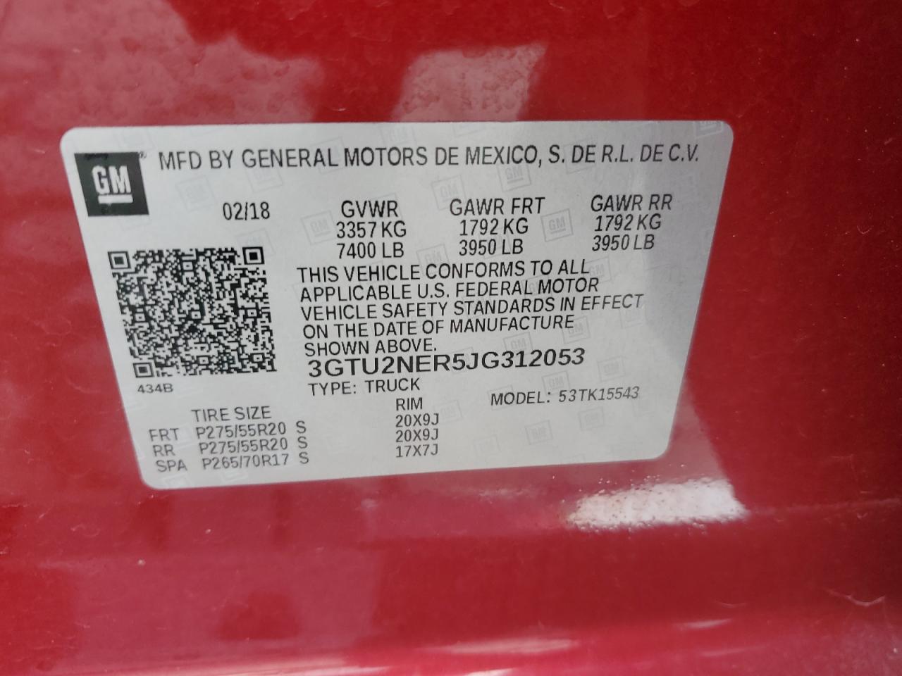 2018 GMC Sierra K1500 Slt VIN: 3GTU2NER5JG312053 Lot: 69317455