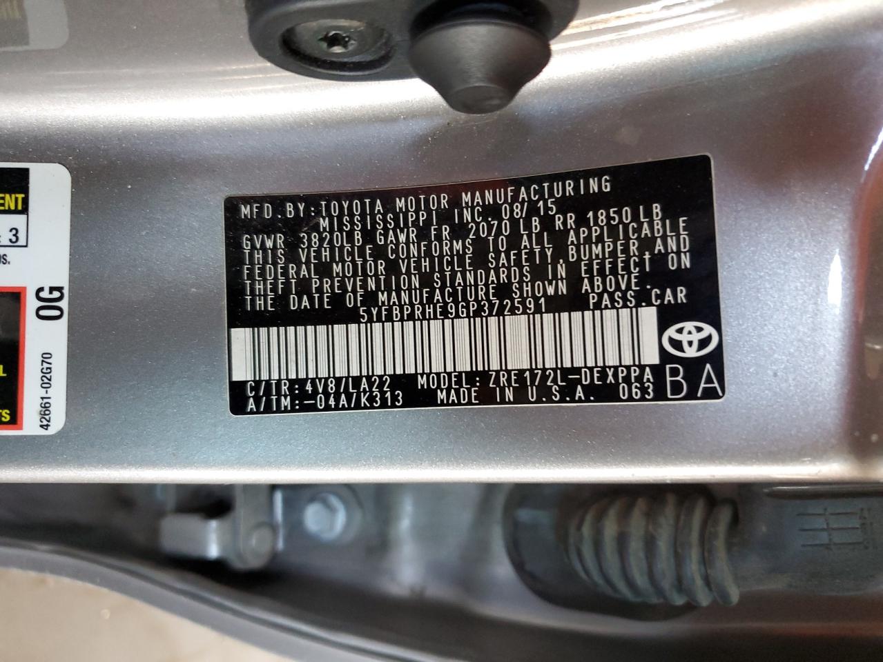 2016 Toyota Corolla Eco VIN: 5YFBPRHE9GP372591 Lot: 67828395