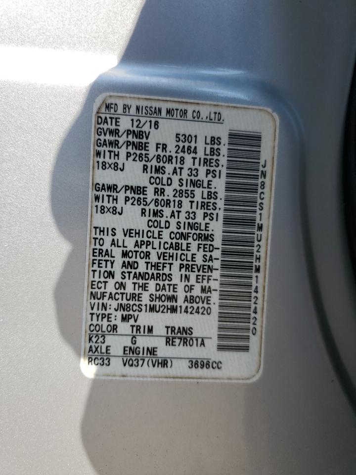 2017 Infiniti Qx70 VIN: JN8CS1MU2HM142420 Lot: 68190575