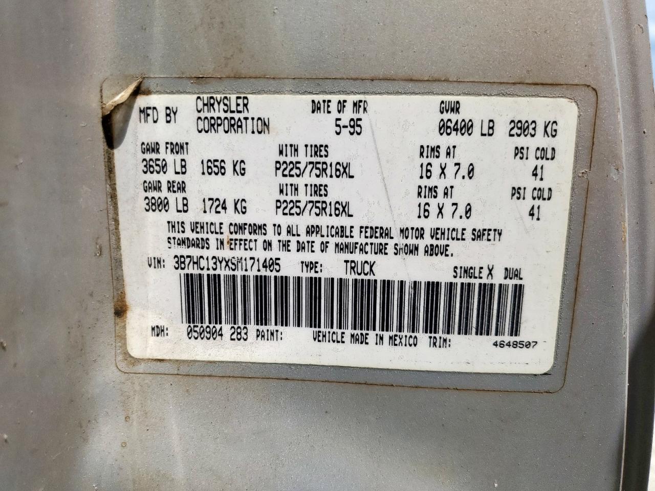 1995 Dodge Ram 1500 VIN: 3B7HC13YXSM171405 Lot: 70297185