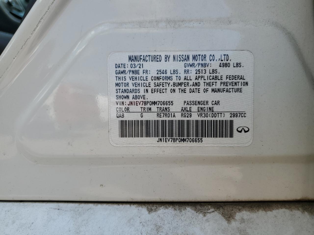 2021 Infiniti Q50 Luxe VIN: JN1EV7BP0MM706655 Lot: 67410095