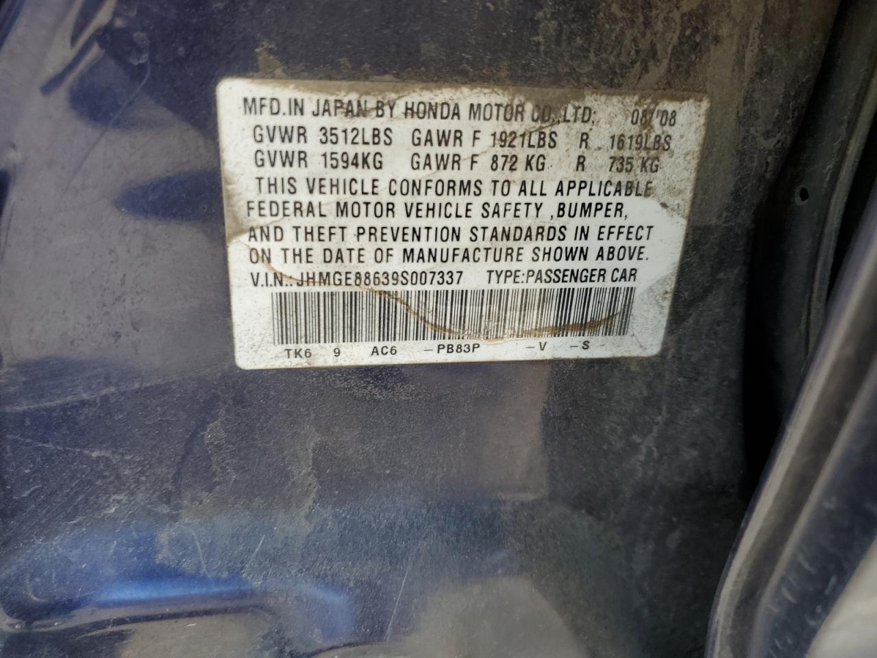 2009 Honda Fit Sport VIN: JHMGE88639S007337 Lot: 67588215
