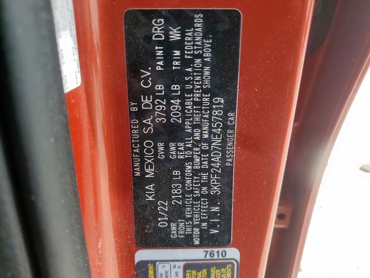 2022 Kia Forte Fe VIN: 3KPF24AD7NE457819 Lot: 70755215