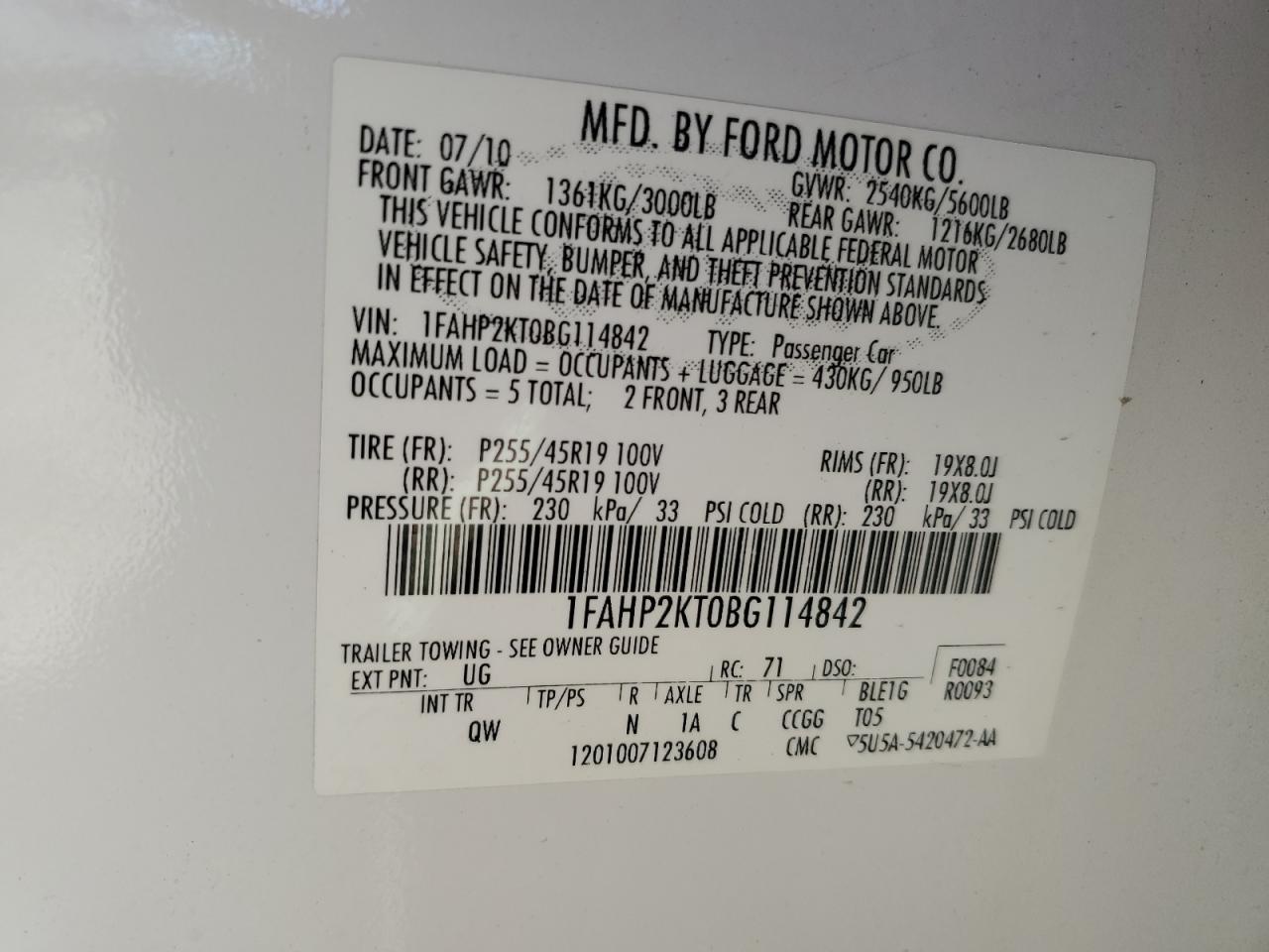 2011 Ford Taurus Sho VIN: 1FAHP2KT0BG114842 Lot: 67216705