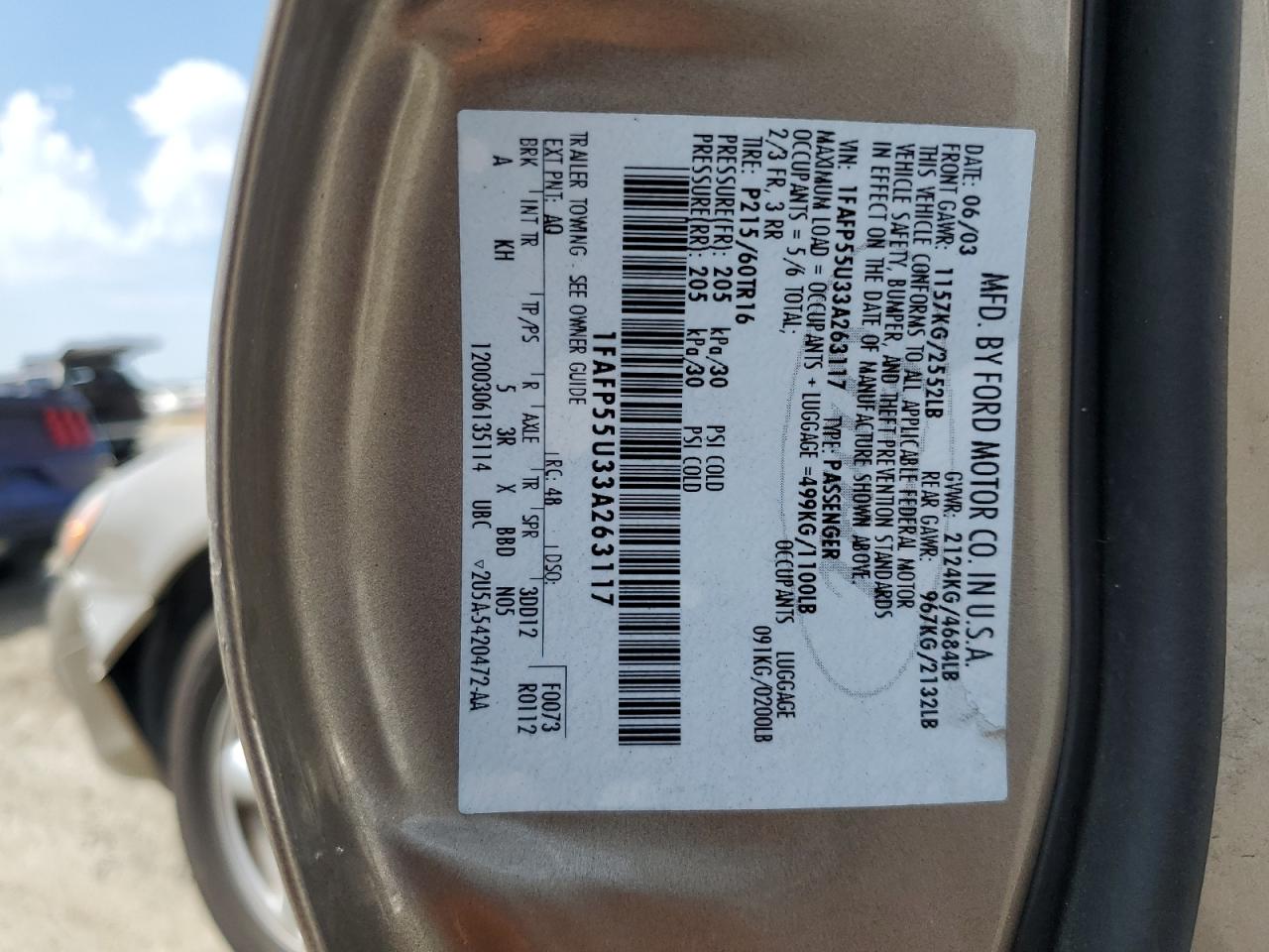 2003 Ford Taurus Ses VIN: 1FAFP55U33A263117 Lot: 70394835