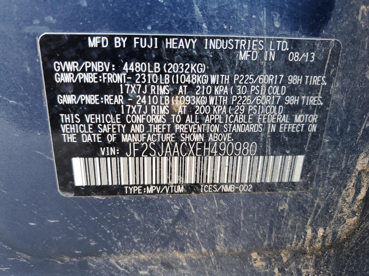 2014 Subaru Forester 2.5I VIN: JF2SJAACXEH490980 Lot: 69687995