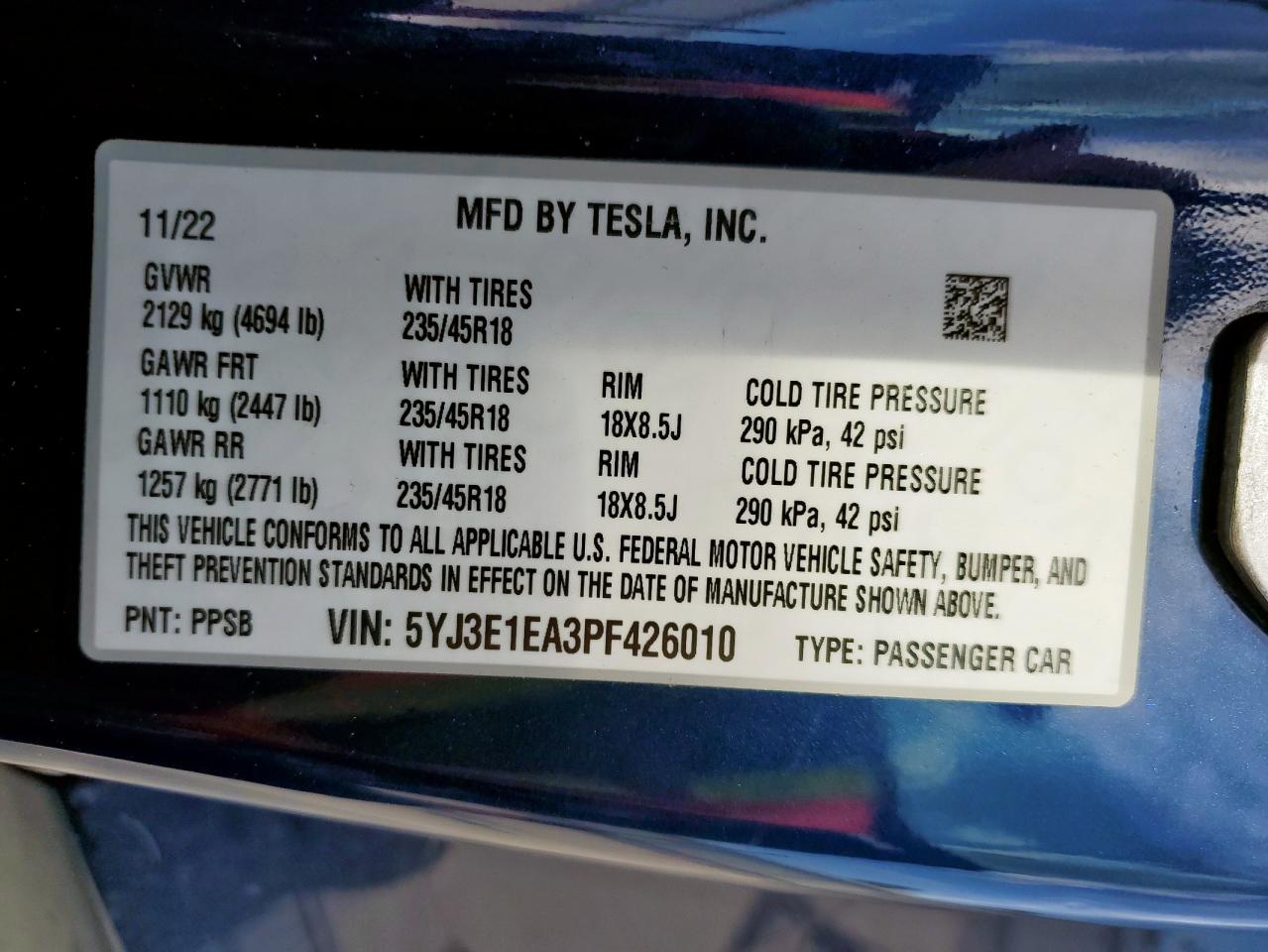 2023 Tesla Model 3 VIN: 5YJ3E1EA3PF426010 Lot: 70769125