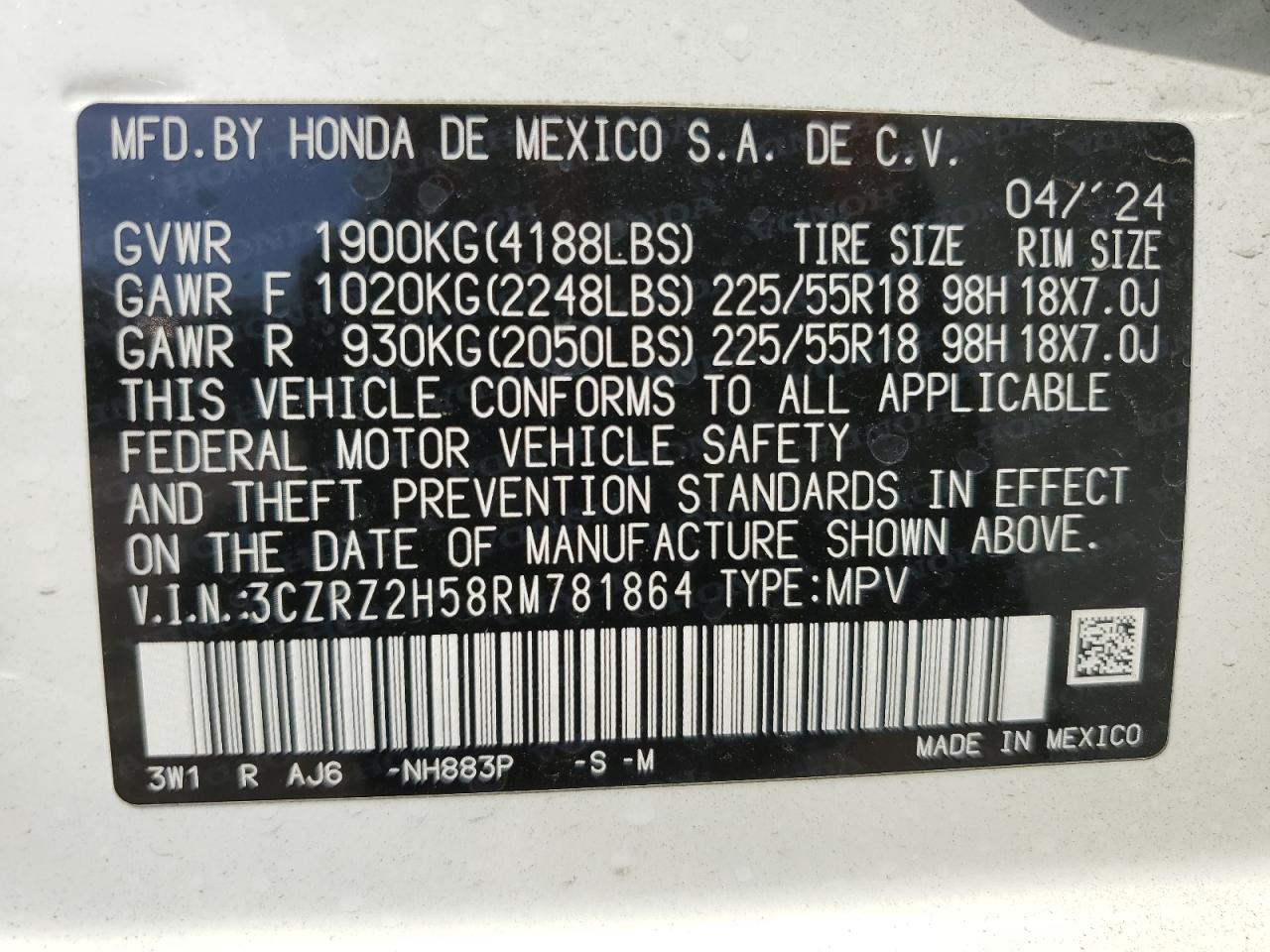 2024 Honda Hr-V Sport VIN: 3CZRZ2H58RM781864 Lot: 68368205