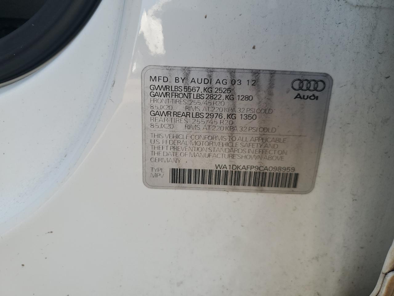 2012 Audi Q5 Premium Plus VIN: WA1DKAFP9CA098959 Lot: 68453345