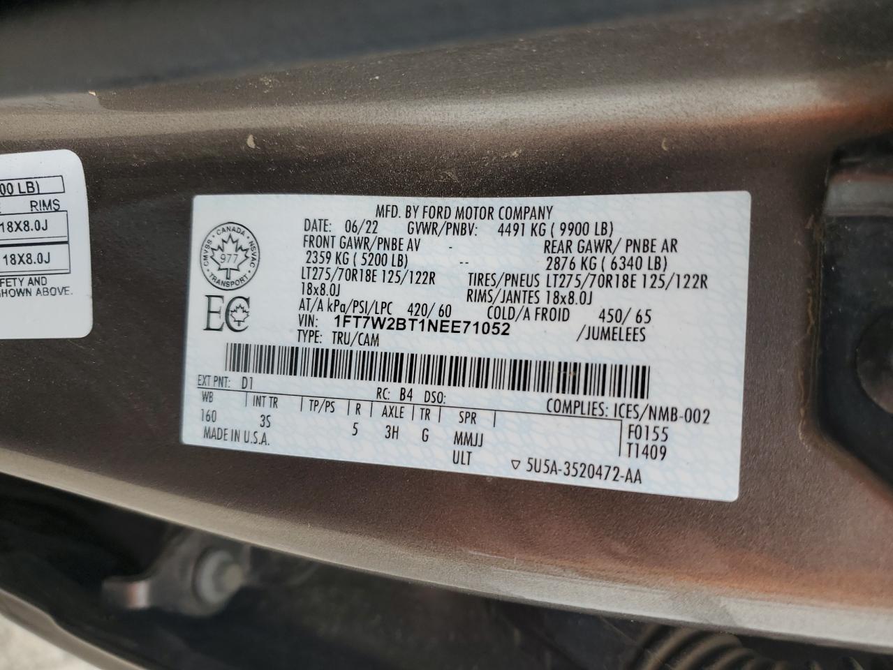 2022 Ford F250 Super Duty VIN: 1FT7W2BT1NEE71052 Lot: 67840745