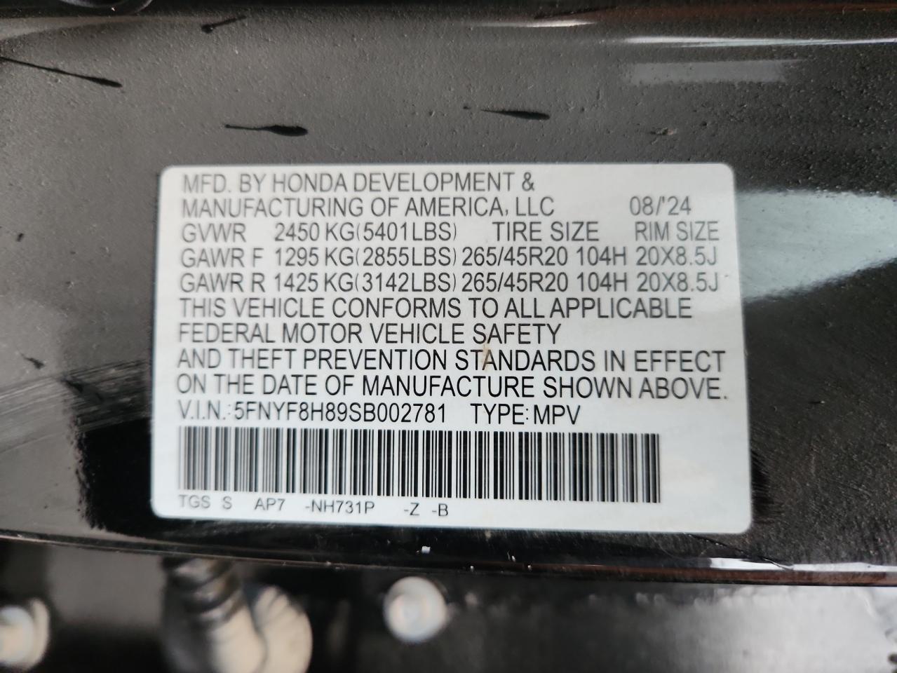 2025 Honda Passport Black Edition VIN: 5FNYF8H89SB002781 Lot: 69309495
