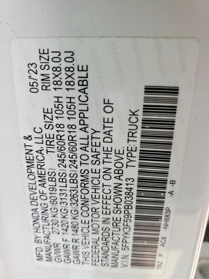 2023 Honda Ridgeline Rtl VIN: 5FPYK3F59PB038413 Lot: 69133615