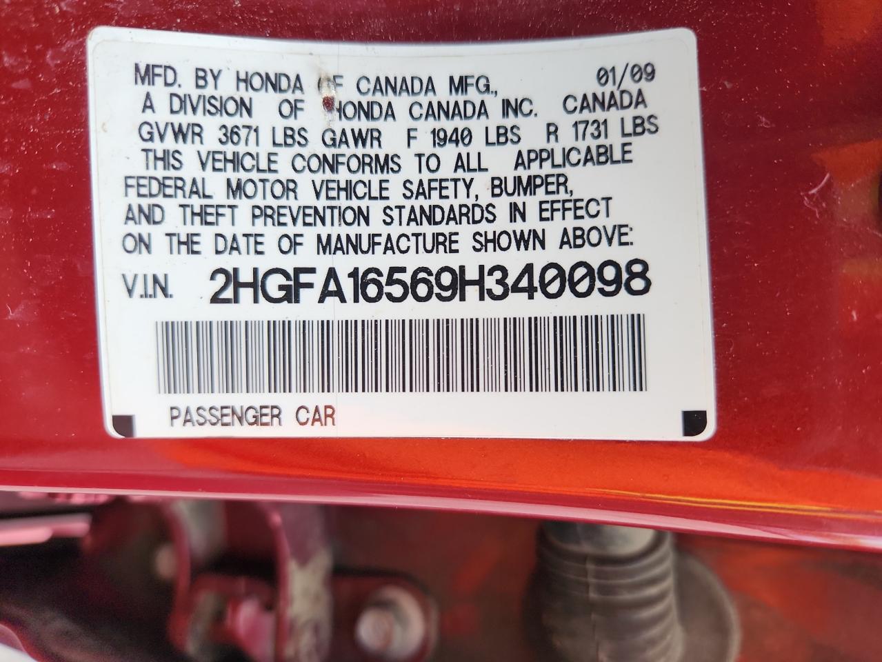 2009 Honda Civic Lx VIN: 2HGFA16569H340098 Lot: 70467105