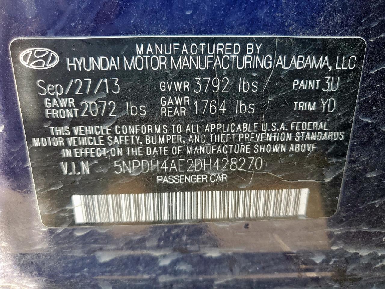 2013 Hyundai Elantra Gls VIN: 5NPDH4AE2DH428270 Lot: 67382445