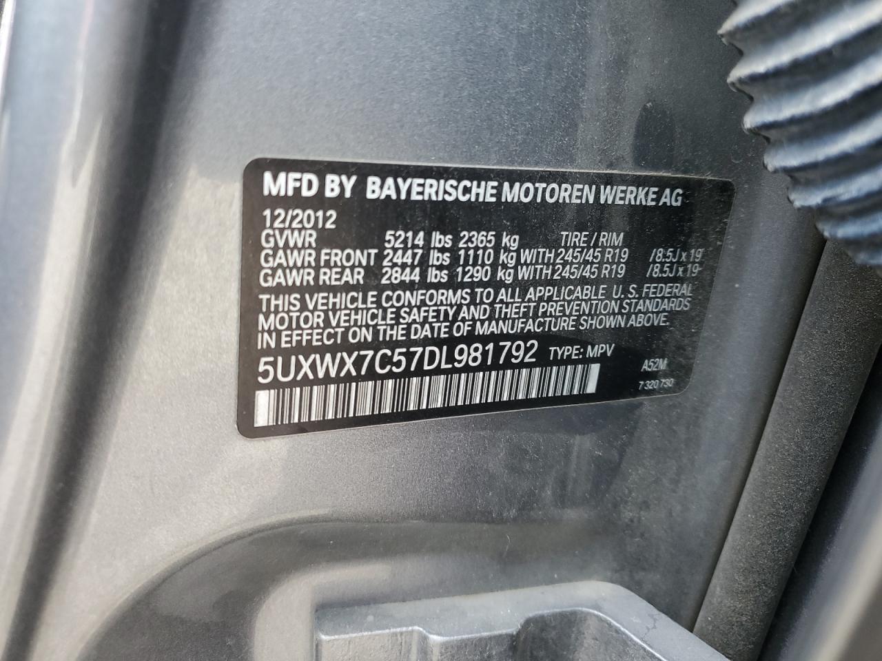 2013 BMW X3 xDrive35I VIN: 5UXWX7C57DL981792 Lot: 68159995