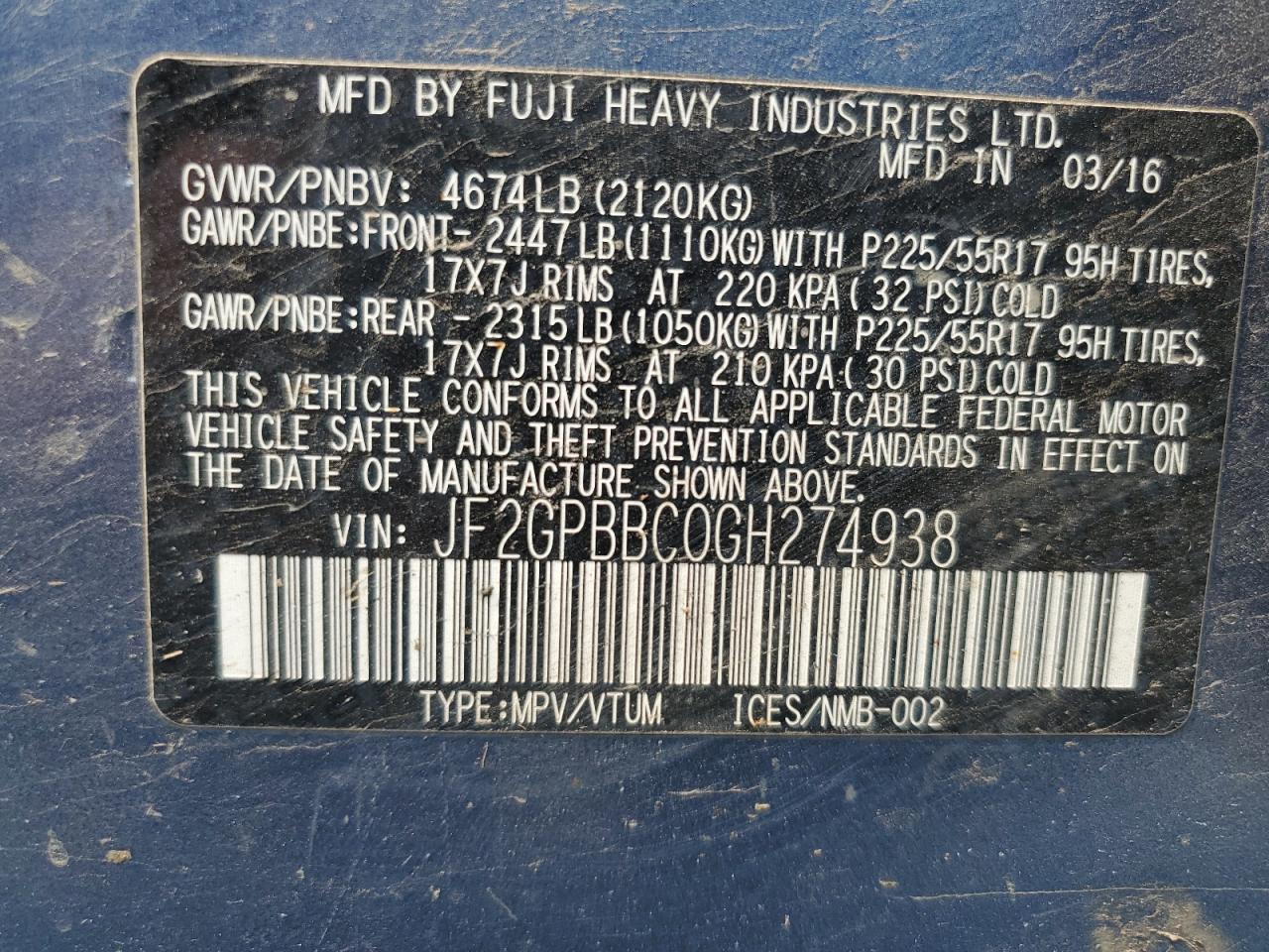 2016 Subaru Crosstrek 2.0I Hybrid VIN: JF2GPBBC0GH274938 Lot: 67822345